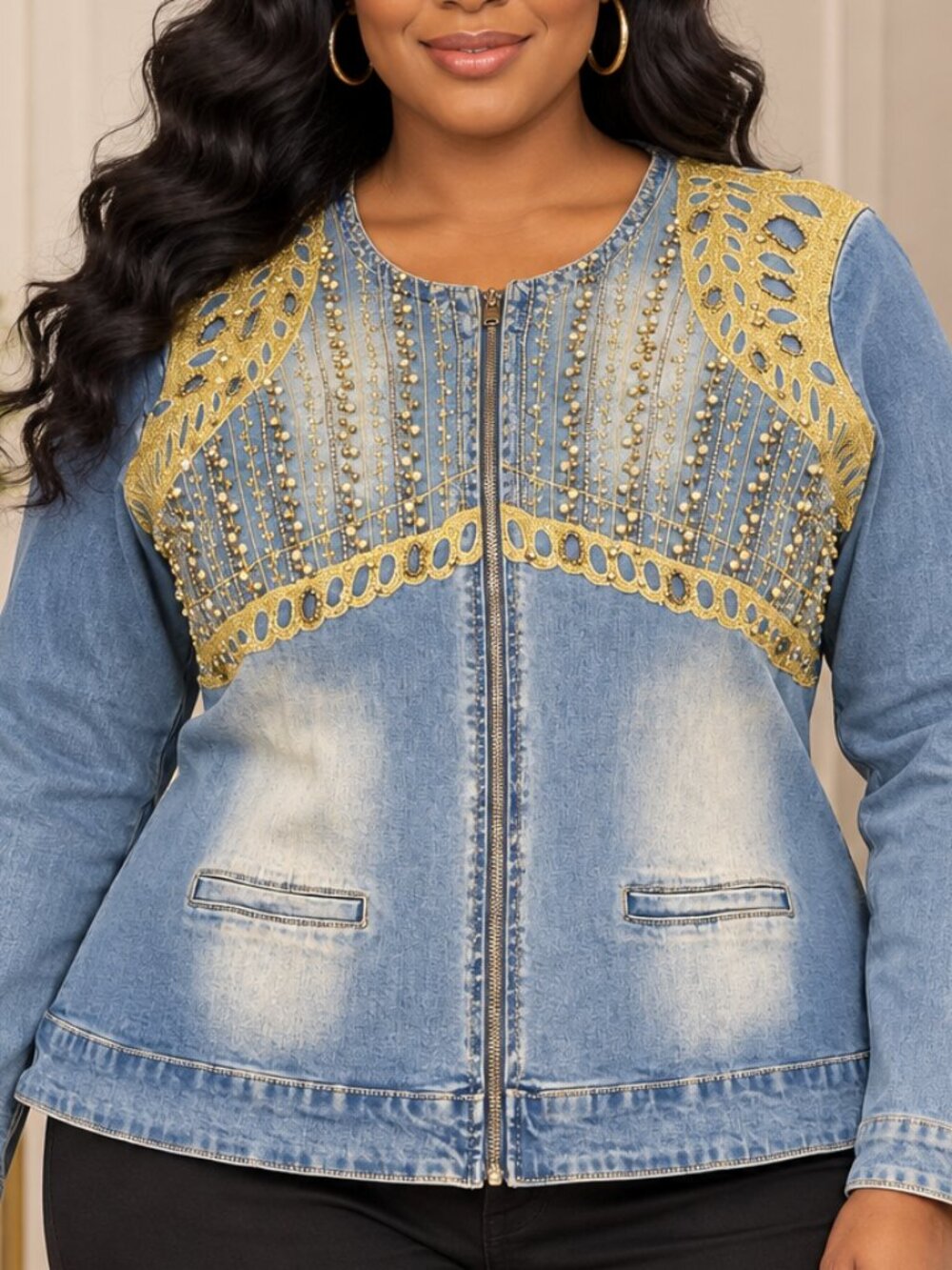 Donna Vincciitle: Feminine Gold-Embellished Denim Jacket